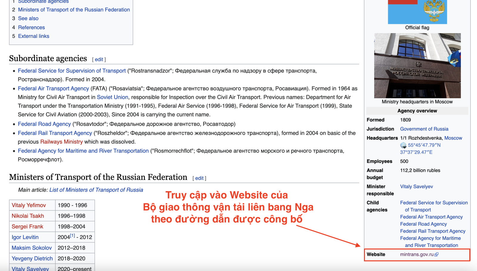 Bộ Giao thông vận tải của Nga trên wiki